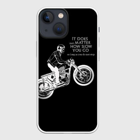 Чехол для iPhone 13 mini с принтом Байкер в Петрозаводске,  |  | байк | байкер | гонщик | мотоцикл | мужская | надпись | черно белая | черный