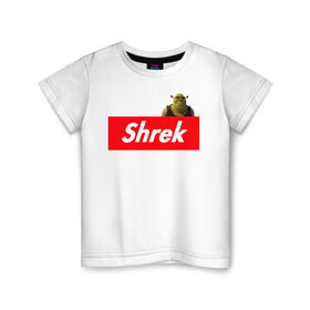 Детская футболка хлопок с принтом Shrek в Петрозаводске, 100% хлопок | круглый вырез горловины, полуприлегающий силуэт, длина до линии бедер | Тематика изображения на принте: shrek | shrek is life | мемы | огр кек | суприм | суприм лого | шрек