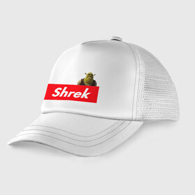Детская кепка тракер с принтом Shrek в Петрозаводске, Козырек - 100% хлопок. Кепка - 100% полиэстер, Задняя часть - сетка | универсальный размер, пластиковая застёжка | Тематика изображения на принте: shrek | shrek is life | мемы | огр кек | суприм | суприм лого | шрек