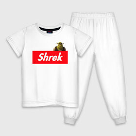 Детская пижама хлопок с принтом Shrek в Петрозаводске, 100% хлопок |  брюки и футболка прямого кроя, без карманов, на брюках мягкая резинка на поясе и по низу штанин
 | Тематика изображения на принте: shrek | shrek is life | мемы | огр кек | суприм | суприм лого | шрек