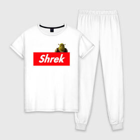 Женская пижама хлопок с принтом Shrek в Петрозаводске, 100% хлопок | брюки и футболка прямого кроя, без карманов, на брюках мягкая резинка на поясе и по низу штанин | shrek | shrek is life | мемы | огр кек | суприм | суприм лого | шрек