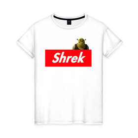 Женская футболка хлопок с принтом Shrek в Петрозаводске, 100% хлопок | прямой крой, круглый вырез горловины, длина до линии бедер, слегка спущенное плечо | shrek | shrek is life | мемы | огр кек | суприм | суприм лого | шрек
