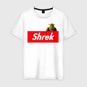 Мужская футболка хлопок с принтом Shrek в Петрозаводске, 100% хлопок | прямой крой, круглый вырез горловины, длина до линии бедер, слегка спущенное плечо. | shrek | shrek is life | мемы | огр кек | суприм | суприм лого | шрек