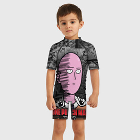 Детский купальный костюм 3D с принтом I am okey в Петрозаводске, Полиэстер 85%, Спандекс 15% | застежка на молнии на спине | im ok | one punch man | saitama | аниме | ван панч мэн | манга | сайтама
