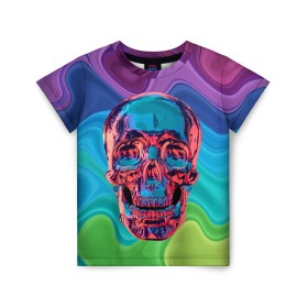 Детская футболка 3D с принтом Color skull в Петрозаводске, 100% гипоаллергенный полиэфир | прямой крой, круглый вырез горловины, длина до линии бедер, чуть спущенное плечо, ткань немного тянется | Тематика изображения на принте: color | jaw | neon | skull | teeth | vanguard | авангард | зубы | неон | пасть | цвет | череп