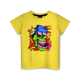 Детская футболка хлопок с принтом Cool skull в Петрозаводске, 100% хлопок | круглый вырез горловины, полуприлегающий силуэт, длина до линии бедер | eyes | fire | flame | grin | jaw | skull | teeth | tongue | глаза | зубы | огонь | оскал | пасть | пламя | череп | язык