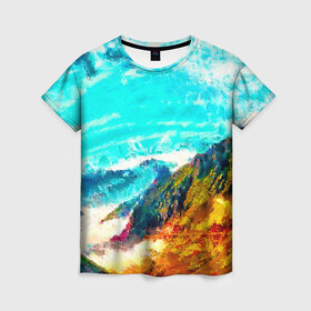 Женская футболка 3D с принтом Японские горы в Петрозаводске, 100% полиэфир ( синтетическое хлопкоподобное полотно) | прямой крой, круглый вырез горловины, длина до линии бедер | art | japan | summer | азия | акварель | восток | восход | горы | деревья | искусство | картина | краски | красочный | лес | летние | лето | мазки | небесный | облака | пейзаж | природа | разноцветные | рассвет