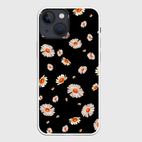 Чехол для iPhone 13 mini с принтом Ромашки в ночи в Петрозаводске,  |  | blackandwhite | flowers | nature | pattern | summer | белыецветы | бутоны | девушкам | лепестки | летние | листья | ночные | ночь | паттерн | поле | природа | ретро | ромашки | ромашковое | россыпь | сад | узоры | флорист