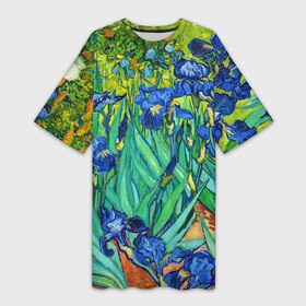Платье-футболка 3D с принтом Ирисы Ван Гога в Петрозаводске,  |  | vangogh | арт | вангог | ветки | винсент | девушкам | импрессионизм | ирисы | искусство | картина | лепестки | летние | лето | листья | масло | пейзаж | поле | природа | растения | рисунок | сад | солнце