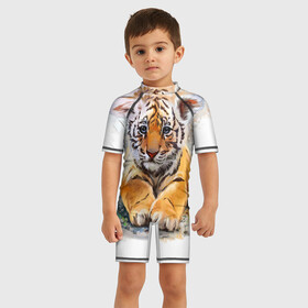 Детский купальный костюм 3D с принтом Tiger Art в Петрозаводске, Полиэстер 85%, Спандекс 15% | застежка на молнии на спине | art | blue | dinamic picture | lion | tiger | white | арт | животные | картинка | лев | рисунок | тигр
