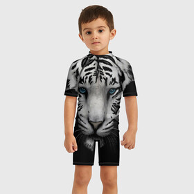 Детский купальный костюм 3D с принтом Белый Тигр в Петрозаводске, Полиэстер 85%, Спандекс 15% | застежка на молнии на спине | tiger | животное | тигр | тигрица | чернобелый
