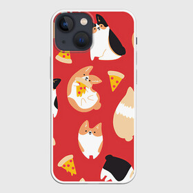 Чехол для iPhone 13 mini с принтом Корги и пицца в Петрозаводске,  |  | арт | валяния | игра | корги | пицца | рисунок | рыжий | собака | собаки | спина | чёрный