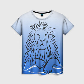Женская футболка 3D с принтом MY KINGDOM в Петрозаводске, 100% полиэфир ( синтетическое хлопкоподобное полотно) | прямой крой, круглый вырез горловины, длина до линии бедер | lion | градиент | контурный рисунок | лев | лев по гороскопу | на синем фоне | подарить льву