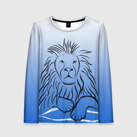 Женский лонгслив 3D с принтом MY KINGDOM в Петрозаводске, 100% полиэстер | длинные рукава, круглый вырез горловины, полуприлегающий силуэт | lion | градиент | контурный рисунок | лев | лев по гороскопу | на синем фоне | подарить льву