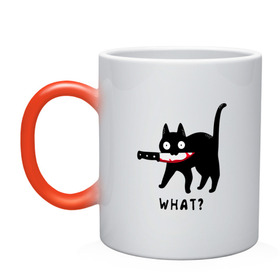 Кружка хамелеон с принтом WHAT & CAT в Петрозаводске, керамика | меняет цвет при нагревании, емкость 330 мл | art | black | black cat | cat | dark | dark cat | what | what cat | what mem | арт | вопрос | интернет мем | кот | кот арт | кот мем | кошачье лицо | кошачья мордочка | мем | нож | прикол | прикольный кот | убица | чёрный | чёрный кот