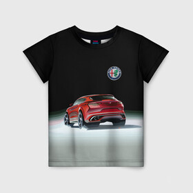 Детская футболка 3D с принтом Alfa Romeo в Петрозаводске, 100% гипоаллергенный полиэфир | прямой крой, круглый вырез горловины, длина до линии бедер, чуть спущенное плечо, ткань немного тянется | alfa romeo | car | italy | motorsport | prestige | автоспорт | альфа ромео | италия | престиж