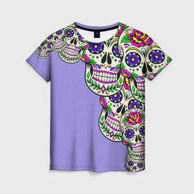 Женская футболка 3D с принтом Calavera 2 в Петрозаводске, 100% полиэфир ( синтетическое хлопкоподобное полотно) | прямой крой, круглый вырез горловины, длина до линии бедер | Тематика изображения на принте: color | краски | мексиканский | череп