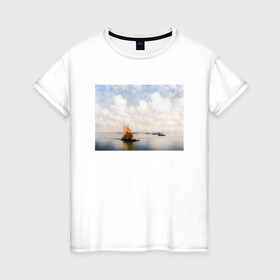 Женская футболка хлопок с принтом картина Айвазовского в Петрозаводске, 100% хлопок | прямой крой, круглый вырез горловины, длина до линии бедер, слегка спущенное плечо | айвазовский | корабль | море | облака | рисунок
