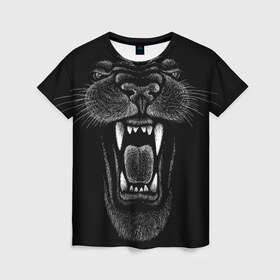 Женская футболка 3D с принтом Черная пантера в Петрозаводске, 100% полиэфир ( синтетическое хлопкоподобное полотно) | прямой крой, круглый вырез горловины, длина до линии бедер | big | black | cat | danger | jungle | king | leopard | panter | panther | picture | большая | большой | джунглей | джунгли | зубы | король | кот | кошка | леопард | мелками | опасная | опасный | охотник | пантера | пасть | рисунок | хищник | 