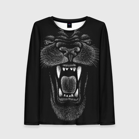 Женский лонгслив 3D с принтом Черная пантера в Петрозаводске, 100% полиэстер | длинные рукава, круглый вырез горловины, полуприлегающий силуэт | big | black | cat | danger | jungle | king | leopard | panter | panther | picture | большая | большой | джунглей | джунгли | зубы | король | кот | кошка | леопард | мелками | опасная | опасный | охотник | пантера | пасть | рисунок | хищник | 