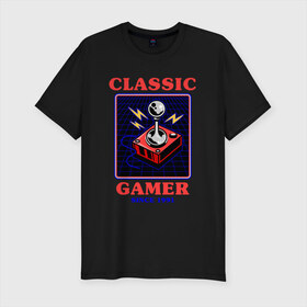 Мужская футболка премиум с принтом Classic Gamer в Петрозаводске, 92% хлопок, 8% лайкра | приталенный силуэт, круглый вырез ворота, длина до линии бедра, короткий рукав | 8 bit | 8 бит | 8bit | 8бит | boomer | dendy | game | gamer | games | geek | joystick | nerd | oldschool | sega | бумер | гик | дед | денди | джойстик | для гика | для гиков | игра | игры | классика | классические | нерд | олдскул | с