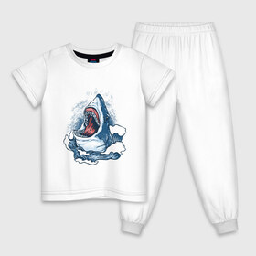 Детская пижама хлопок с принтом Злая акула в Петрозаводске, 100% хлопок |  брюки и футболка прямого кроя, без карманов, на брюках мягкая резинка на поясе и по низу штанин
 | Тематика изображения на принте: angry | big | evil | jaws | predator | scary | shark | storm | wave | waves | white | акула | акулы | белая | большая | волна | волны | выпрыгивает | злая | зубы | из воды | море | океан | охотник | пасть | плотоядная | рот | страшная | хищни