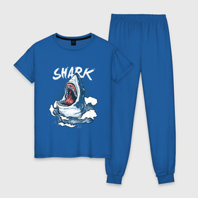 Женская пижама хлопок с принтом Злая акула в Петрозаводске, 100% хлопок | брюки и футболка прямого кроя, без карманов, на брюках мягкая резинка на поясе и по низу штанин | Тематика изображения на принте: angry | big | evil | jaws | predator | scary | shark | storm | wave | waves | white | акула | акулы | белая | большая | волна | волны | выпрыгивает | злая | зубы | из воды | море | океан | охотник | пасть | плотоядная | рот | страшная | хищни