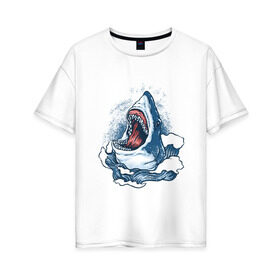 Женская футболка хлопок Oversize с принтом Злая акула в Петрозаводске, 100% хлопок | свободный крой, круглый ворот, спущенный рукав, длина до линии бедер
 | angry | big | evil | jaws | predator | scary | shark | storm | wave | waves | white | акула | акулы | белая | большая | волна | волны | выпрыгивает | злая | зубы | из воды | море | океан | охотник | пасть | плотоядная | рот | страшная | хищни