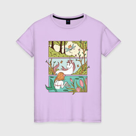 Женская футболка хлопок с принтом Зачарованный лес в Петрозаводске, 100% хлопок | прямой крой, круглый вырез горловины, длина до линии бедер, слегка спущенное плечо | comics | comix | enchanted | fairy | forest | mermaid | unicorn | бабочка | в лесу | единорог | единорожка | зачарованный | иллюстрация | комикс | красивая | лес | лесная | лесной | миф | мифические | природа | русалка