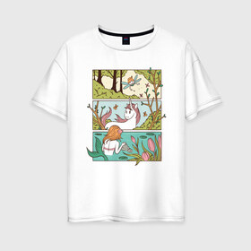 Женская футболка хлопок Oversize с принтом Зачарованный лес в Петрозаводске, 100% хлопок | свободный крой, круглый ворот, спущенный рукав, длина до линии бедер
 | comics | comix | enchanted | fairy | forest | mermaid | unicorn | бабочка | в лесу | единорог | единорожка | зачарованный | иллюстрация | комикс | красивая | лес | лесная | лесной | миф | мифические | природа | русалка