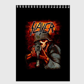 Скетчбук с принтом Slayer в Петрозаводске, 100% бумага
 | 48 листов, плотность листов — 100 г/м2, плотность картонной обложки — 250 г/м2. Листы скреплены сверху удобной пружинной спиралью | kerry king | musical group | repentless | slayer | tom araya | метал | том арайа | трэш