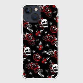 Чехол для iPhone 13 mini с принтом Черепа и розы в Петрозаводске,  |  | diamond | diamonds | gothic | heart | hearts | roses | skull | skulls | snake | snakes | tattoo | tattoos | брилианты | бриллианты | готика | готическая | готичная | змеи | змея | розы | сердца | сердце | тату | татуировка | татуировки | череп 