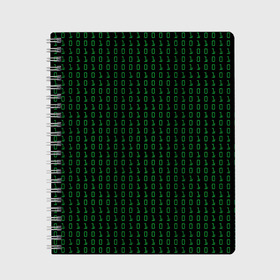 Тетрадь с принтом Бинарный код в Петрозаводске, 100% бумага | 48 листов, плотность листов — 60 г/м2, плотность картонной обложки — 250 г/м2. Листы скреплены сбоку удобной пружинной спиралью. Уголки страниц и обложки скругленные. Цвет линий — светло-серый
 | Тематика изображения на принте: 1 и 0 | binary | computer | green | matrix | programming | stream | streaming | system | бинарный | буквы | двоичная | двоичный | единицы | зеленые | код | кода | компьютерный | матрица | нули | поток | программирование | символы