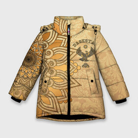Зимняя куртка для девочек 3D с принтом Дагестан в золоте в Петрозаводске, ткань верха — 100% полиэстер; подклад — 100% полиэстер, утеплитель — 100% полиэстер. | длина ниже бедра, удлиненная спинка, воротник стойка и отстегивающийся капюшон. Есть боковые карманы с листочкой на кнопках, утяжки по низу изделия и внутренний карман на молнии. 

Предусмотрены светоотражающий принт на спинке, радужный светоотражающий элемент на пуллере молнии и на резинке для утяжки. | Тематика изображения на принте: dagestan | eagle | flag | kavkaz | power | абдулманап | боец | бойцы | борец | борьба | брат | герб | даг | дагестан | за брата | кавказ | кавказец | лучше умереть на ногах | нурмагомедов | опасный | орел | пацанская