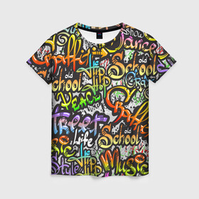 Женская футболка 3D с принтом Уличные граффити в Петрозаводске, 100% полиэфир ( синтетическое хлопкоподобное полотно) | прямой крой, круглый вырез горловины, длина до линии бедер | 1990 | 1990 е | 1990е | 90 е | 90е | crazy | dance | graffiti | graffity | hip hop | life | music | old school | oldschool | rap | street | style | west coast | безумные | графити | граффити | девяностые | классика | мир | музыка | олдскул | реп