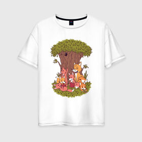 Женская футболка хлопок Oversize с принтом Семья лисичек в Петрозаводске, 100% хлопок | свободный крой, круглый ворот, спущенный рукав, длина до линии бедер
 | bird | cute | family | forest | fox | foxes | happy | tree | trees | в лесу | дерево | деревья | забавная | забавные | красивая | лес | лесная | лиса | лисичка | лисички | лисы | милая | милое | милые | птица | птичка | рисунок