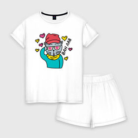Женская пижама с шортиками хлопок с принтом Влюбленный кот-хипстер в Петрозаводске, 100% хлопок | футболка прямого кроя, шорты свободные с широкой мягкой резинкой | 
