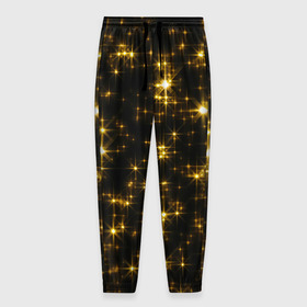 Мужские брюки 3D с принтом Золотые звёзды в Петрозаводске, 100% полиэстер | манжеты по низу, эластичный пояс регулируется шнурком, по бокам два кармана без застежек, внутренняя часть кармана из мелкой сетки | блеск | звёзды | золото | ночь | сияние | темнота | черный