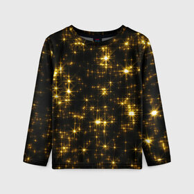 Детский лонгслив 3D с принтом Золотые звёзды в Петрозаводске, 100% полиэстер | длинные рукава, круглый вырез горловины, полуприлегающий силуэт
 | блеск | звёзды | золото | ночь | сияние | темнота | черный