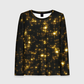 Женский лонгслив 3D с принтом Золотые звёзды в Петрозаводске, 100% полиэстер | длинные рукава, круглый вырез горловины, полуприлегающий силуэт | блеск | звёзды | золото | ночь | сияние | темнота | черный