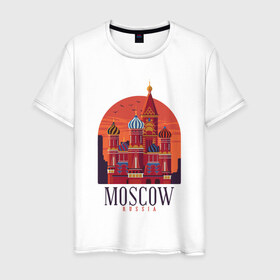 Мужская футболка хлопок с принтом Moscow Москва в Петрозаводске, 100% хлопок | прямой крой, круглый вырез горловины, длина до линии бедер, слегка спущенное плечо. | Тематика изображения на принте: basil | church | city | kremlin | moscow | russia | saint | st basil church | symbol | василия блаженного | город | города | достопримечательности | достопримечательность | красная площадь | кремль | москва | отдых | россия | символ