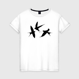 Женская футболка хлопок с принтом Ласточки в Петрозаводске, 100% хлопок | прямой крой, круглый вырез горловины, длина до линии бедер, слегка спущенное плечо | ласточка | ласточки | плица | птицы | птичка | силуэт ласточек