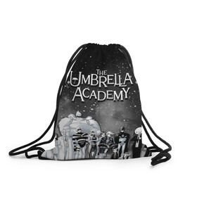 Рюкзак-мешок 3D с принтом The Umbrella Academy в Петрозаводске, 100% полиэстер | плотность ткани — 200 г/м2, размер — 35 х 45 см; лямки — толстые шнурки, застежка на шнуровке, без карманов и подкладки | the umbrella academy | umbrella | академия амбрелла | амбрелла | герб | зонтик