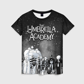 Женская футболка 3D с принтом The Umbrella Academy в Петрозаводске, 100% полиэфир ( синтетическое хлопкоподобное полотно) | прямой крой, круглый вырез горловины, длина до линии бедер | the umbrella academy | umbrella | академия амбрелла | амбрелла | герб | зонтик