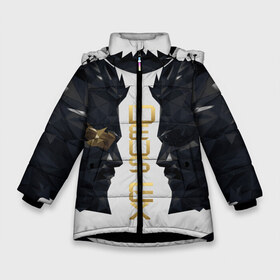 Зимняя куртка для девочек 3D с принтом Deus Ex в Петрозаводске, ткань верха — 100% полиэстер; подклад — 100% полиэстер, утеплитель — 100% полиэстер. | длина ниже бедра, удлиненная спинка, воротник стойка и отстегивающийся капюшон. Есть боковые карманы с листочкой на кнопках, утяжки по низу изделия и внутренний карман на молнии. 

Предусмотрены светоотражающий принт на спинке, радужный светоотражающий элемент на пуллере молнии и на резинке для утяжки. | adam jensen | cyberpunk | deus ex | eidos montreal | games | human revolution | low poly | mankind divided | square enix | адам дженсен | бог из | игры | киберпанк