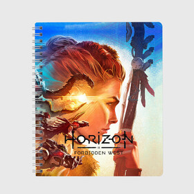 Тетрадь с принтом Horizon Forbidden West в Петрозаводске, 100% бумага | 48 листов, плотность листов — 60 г/м2, плотность картонной обложки — 250 г/м2. Листы скреплены сбоку удобной пружинной спиралью. Уголки страниц и обложки скругленные. Цвет линий — светло-серый
 | aloy | guerrilla games | horizon forbidden west | hunt | zero dawn | горизонт | запретный запад | игры | нулевой рассвет | охота | элой