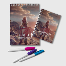 Блокнот с принтом Horizon Forbidden West в Петрозаводске, 100% бумага | 48 листов, плотность листов — 60 г/м2, плотность картонной обложки — 250 г/м2. Листы скреплены удобной пружинной спиралью. Цвет линий — светло-серый
 | aloy | guerrilla games | horizon forbidden west | hunt | zero dawn | горизонт | запретный запад | игры | нулевой рассвет | охота | элой