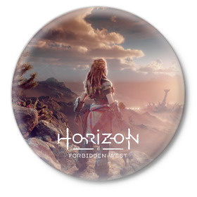 Значок с принтом Horizon Forbidden West в Петрозаводске,  металл | круглая форма, металлическая застежка в виде булавки | Тематика изображения на принте: aloy | guerrilla games | horizon forbidden west | hunt | zero dawn | горизонт | запретный запад | игры | нулевой рассвет | охота | элой