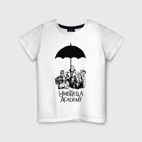 Детская футболка хлопок с принтом Академия Амбрелла в Петрозаводске, 100% хлопок | круглый вырез горловины, полуприлегающий силуэт, длина до линии бедер | the umbrella academy | umbrella | академия амбрелла | амбрелла | герб | зонтик