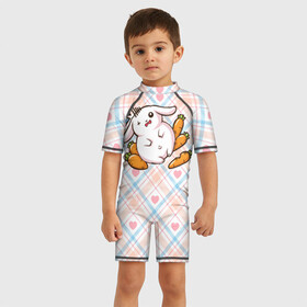 Детский купальный костюм 3D с принтом Зайка обжора в Петрозаводске, Полиэстер 85%, Спандекс 15% | застежка на молнии на спине | веган | вегетарианец | животное | зайцы | зайчик | зайчонок | заяц | кролик | кроль | крольчонок | овощи | пушистик